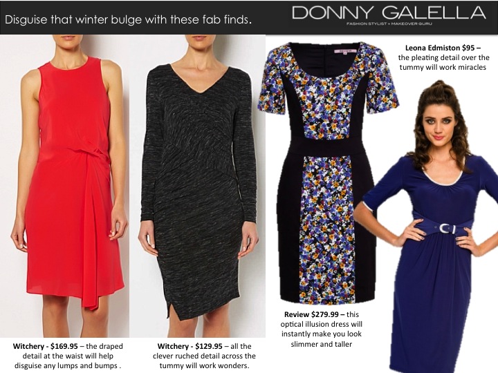 Clothes to help hide your tummy and hips. – Donny Galella